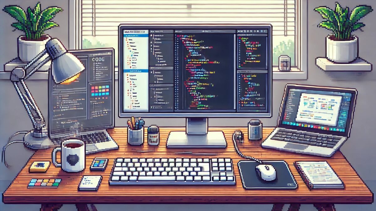 La imagen muestra un **escritorio profesional de un desarrollador web** en estilo **pixel art**, con una configuración de **doble monitor**: uno exhibe un editor de código en modo oscuro con líneas destacadas y el otro muestra un navegador en modo depuración con herramientas de desarrollo activas. Sobre el escritorio hay una taza de café, un teclado inalámbrico, un ratón y una libreta, todo en un ambiente ordenado, moderno y bien iluminado, que refleja productividad y enfoque en el desarrollo web.